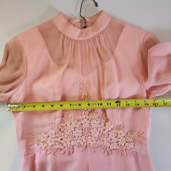 Vintage Pink Floral Mod Party Dress Taffeta Formal Gown High Neck 60s Small - Picture 12 of 14